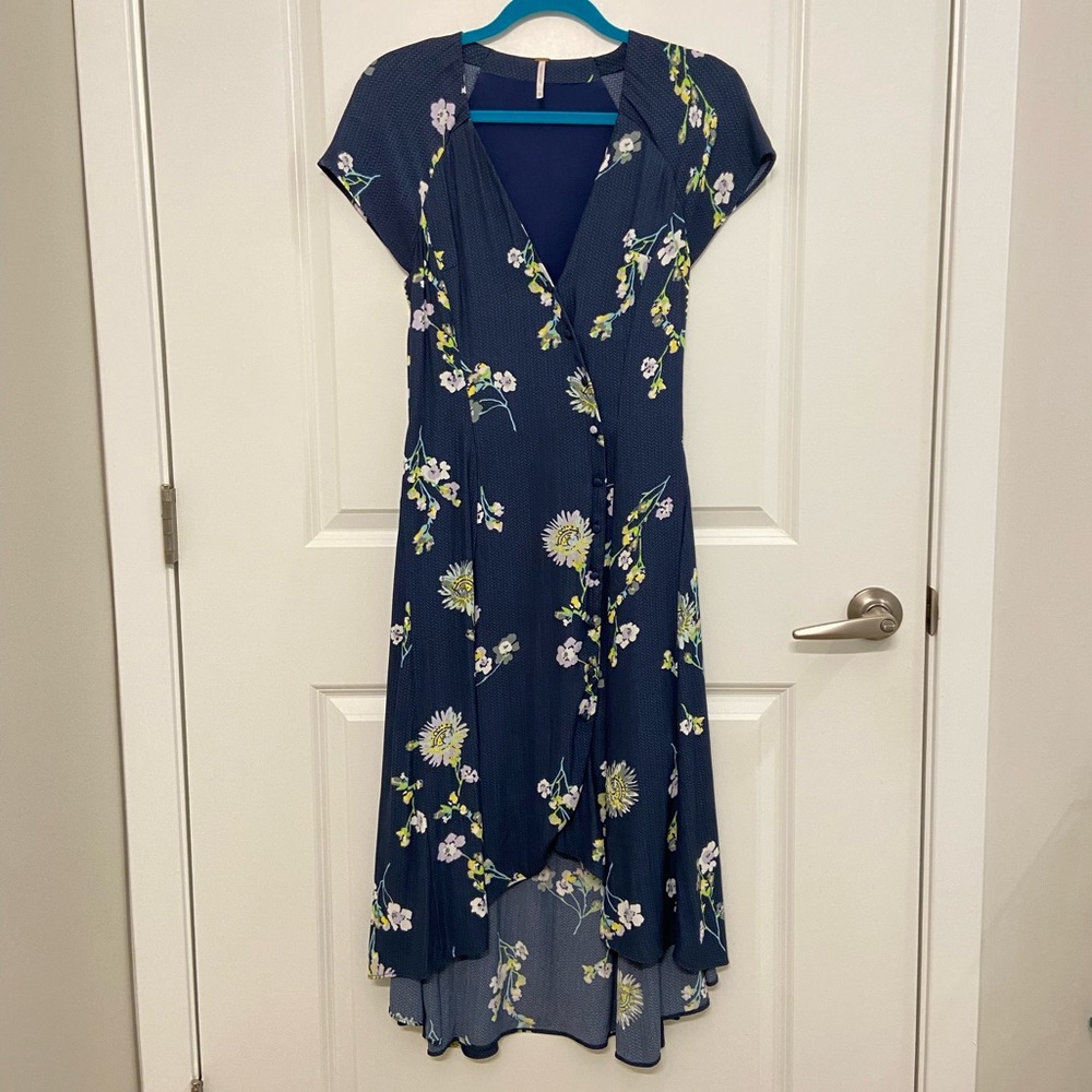 Free People Midi Navy Floral Dress with high/low hem